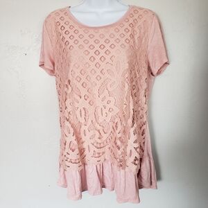 Maurices Pink Short Sleeve Top Lace Overlay Ruffle
